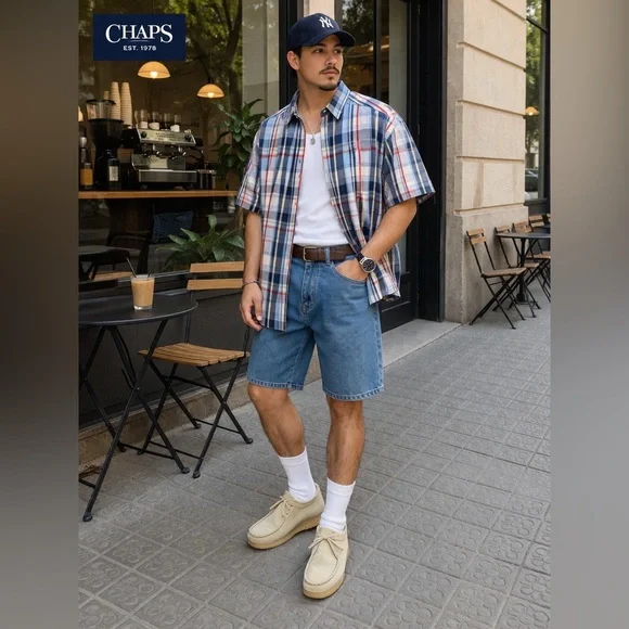 Chaps Men’s Multicolor Blue Plaid Short Sleeve Button-Down Shirt big tall - Picture 2 of 7